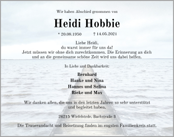 Traueranzeige von Heidi Hobbie von Nordwest-Zeitung