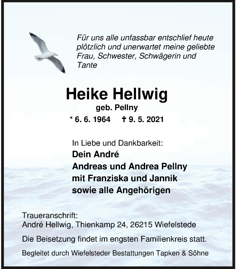  Traueranzeige für Heike Hellwig vom 12.05.2021 aus Nordwest-Zeitung