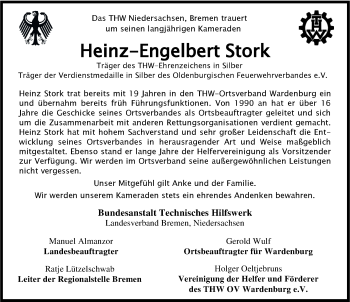 Traueranzeige von Heinz-Engelbert Stork von Nordwest-Zeitung