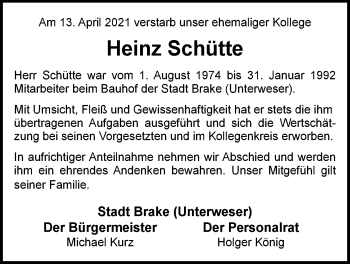 Traueranzeige von Heinz Schütte von Nordwest-Zeitung