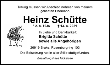 Traueranzeige von Heinz Schütte von Nordwest-Zeitung