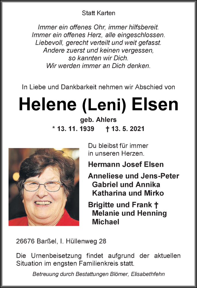 Traueranzeigen von Helene Elsen | nordwest-trauer.de