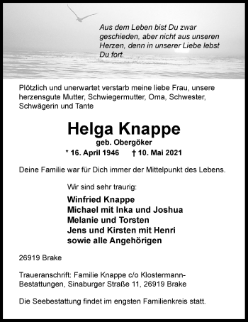 Traueranzeige von Helga Knappe von Nordwest-Zeitung