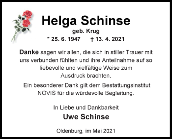Traueranzeige von Helga Schinse von Nordwest-Zeitung