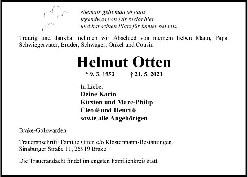  Traueranzeige für Helmut Otten vom 26.05.2021 aus Nordwest-Zeitung