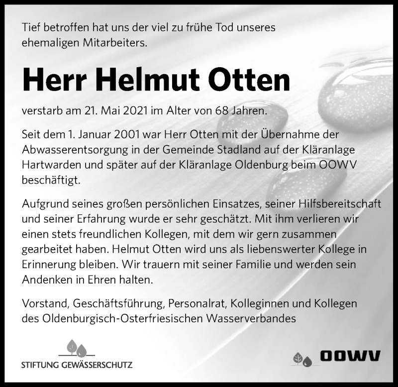  Traueranzeige für Helmut Otten vom 28.05.2021 aus Nordwest-Zeitung