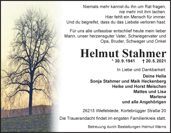 Traueranzeige von Helmut Stahmer von Nordwest-Zeitung