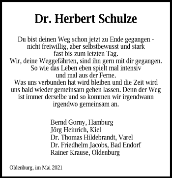 Traueranzeige von Herbert Schulze von Nordwest-Zeitung