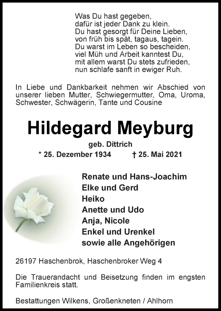  Traueranzeige für Hildegard Meyburg vom 28.05.2021 aus Nordwest-Zeitung