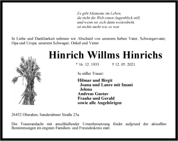 Traueranzeige von Hinrich Willms Hinrichs von Nordwest-Zeitung