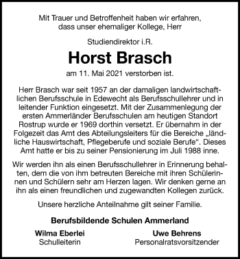 Traueranzeige von Horst Brasch von Nordwest-Zeitung