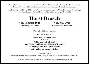 Traueranzeige von Horst Brasch von Nordwest-Zeitung