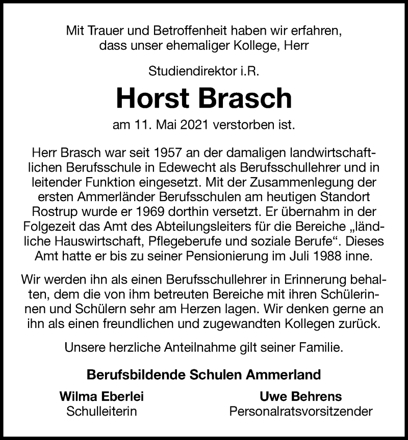  Traueranzeige für Horst Brasch vom 27.05.2021 aus Nordwest-Zeitung