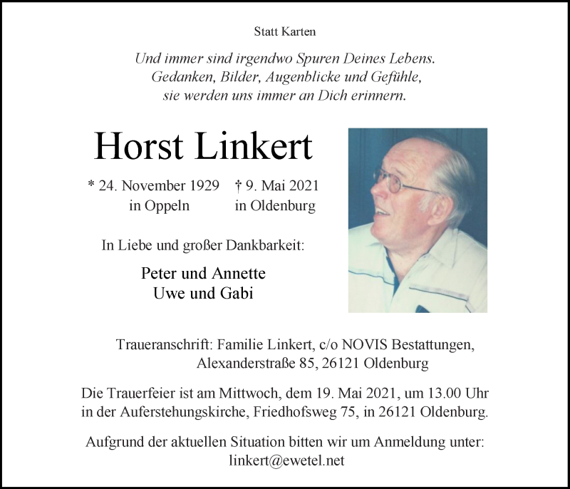  Traueranzeige für Horst Linkert vom 15.05.2021 aus Nordwest-Zeitung