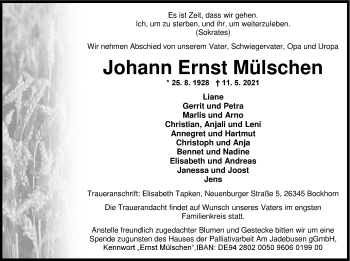 Traueranzeige von Johann Ernst Mülschen von Nordwest-Zeitung