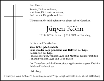 Traueranzeige von Jürgen Köhn von Nordwest-Zeitung