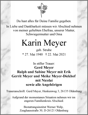 Traueranzeige von Karin Meyer von Nordwest-Zeitung