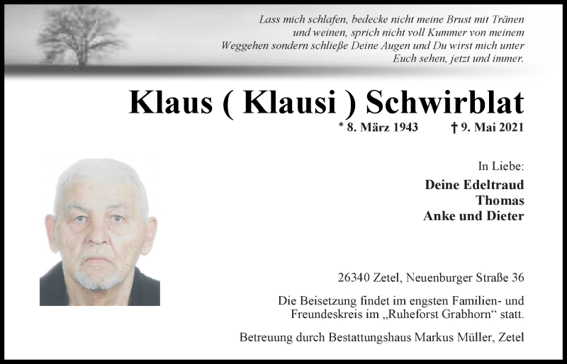  Traueranzeige für Klaus Schwirblat vom 14.05.2021 aus Nordwest-Zeitung