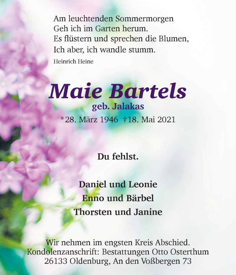  Traueranzeige für Maie Bartels vom 29.05.2021 aus Nordwest-Zeitung