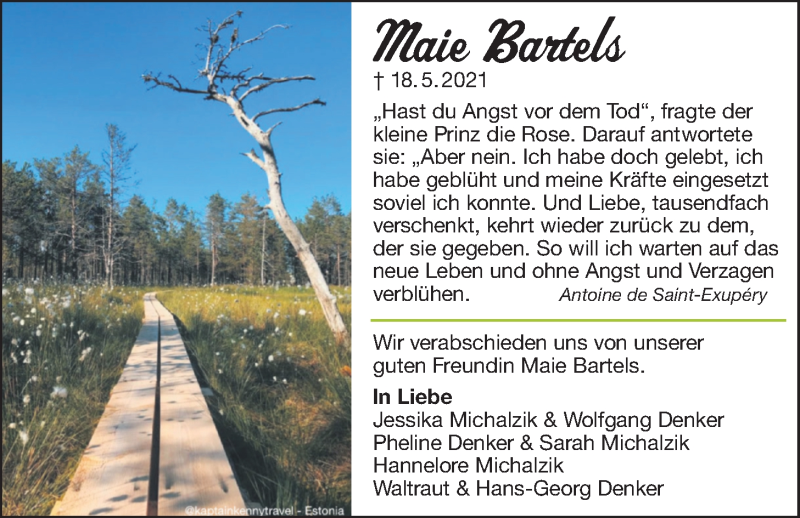  Traueranzeige für Maie Bartels vom 31.05.2021 aus Nordwest-Zeitung