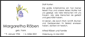 Traueranzeige von Margaretha Röben von Nordwest-Zeitung
