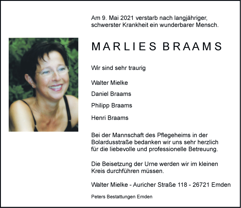  Traueranzeige für Marlies Braams vom 15.05.2021 aus Emder Zeitung