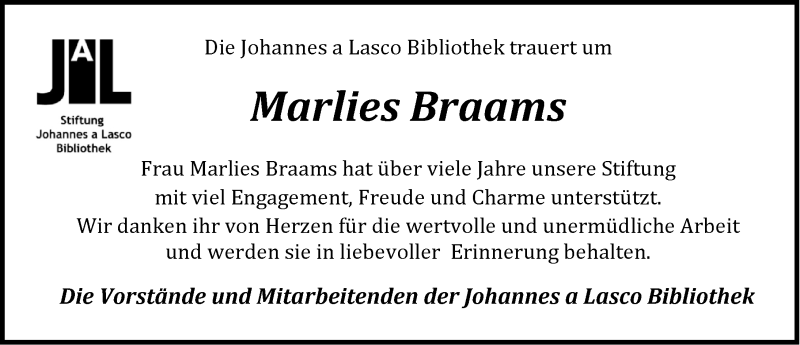 Traueranzeige für Marlies Braams vom 15.05.2021 aus Emder Zeitung