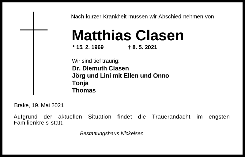 Traueranzeige für Matthias Clasen vom 19.05.2021 aus Nordwest-Zeitung