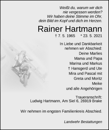 Traueranzeige von Rainer Hartmann von Nordwest-Zeitung