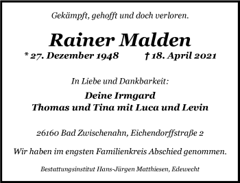 Traueranzeige von Rainer Malden von Nordwest-Zeitung