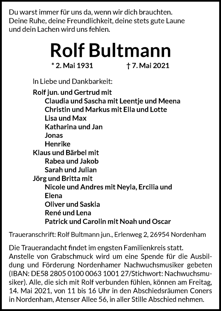  Traueranzeige für Rolf Bultmann vom 12.05.2021 aus Nordwest-Zeitung