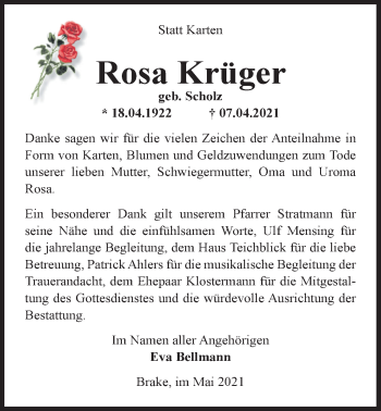 Traueranzeige von Rosa Krüger von Nordwest-Zeitung
