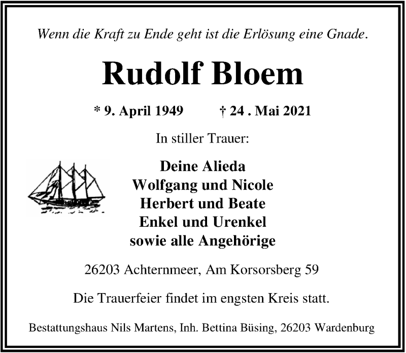  Traueranzeige für Rudolf Bloem vom 29.05.2021 aus Nordwest-Zeitung