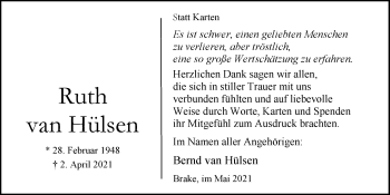 Traueranzeige von Ruth van Hülsen von Nordwest-Zeitung