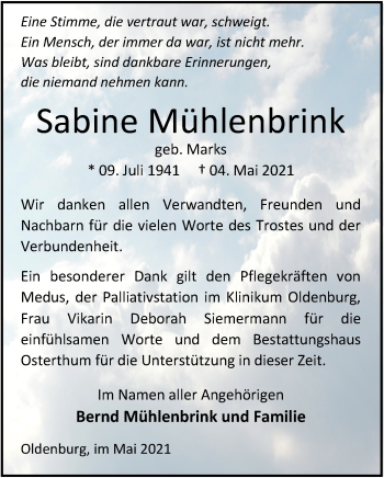 Traueranzeige von Sabine Mühlenbrink von Nordwest-Zeitung