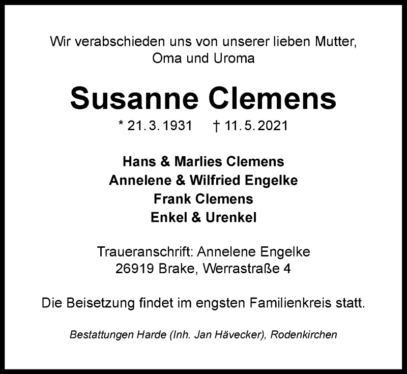  Traueranzeige für Susanne Clemens vom 22.05.2021 aus Nordwest-Zeitung