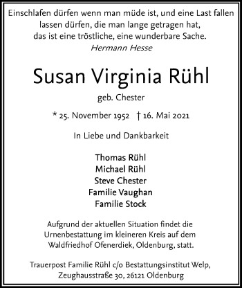 Traueranzeige von Susanne Rühl von Nordwest-Zeitung