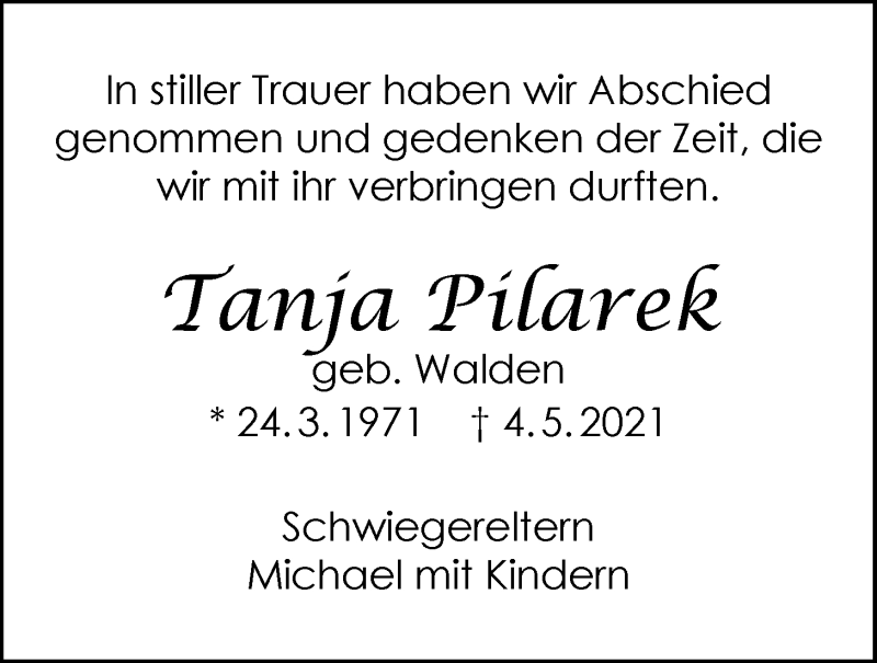  Traueranzeige für Tanja Pilarek vom 22.05.2021 aus Nordwest-Zeitung