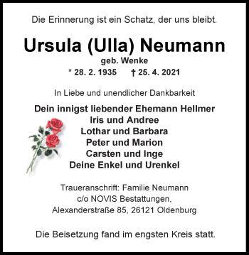 Traueranzeige von Ursula Neumann von Nordwest-Zeitung