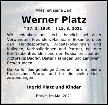 Traueranzeige von Werner Platz von Nordwest-Zeitung