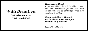 Traueranzeige von Willi Brüntjen von Nordwest-Zeitung