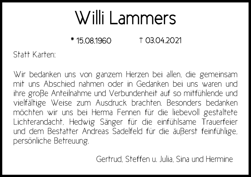  Traueranzeige für Willi Lammers vom 14.05.2021 aus Nordwest-Zeitung