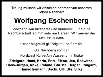 Traueranzeige von Wolfgang Eschenberg von Nordwest-Zeitung
