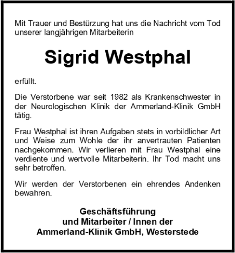  Traueranzeige für Sigrid Westphal vom 16.10.2007 aus Nordwest-Zeitung
