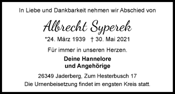 Traueranzeige von Albrecht Syperek von Nordwest-Zeitung
