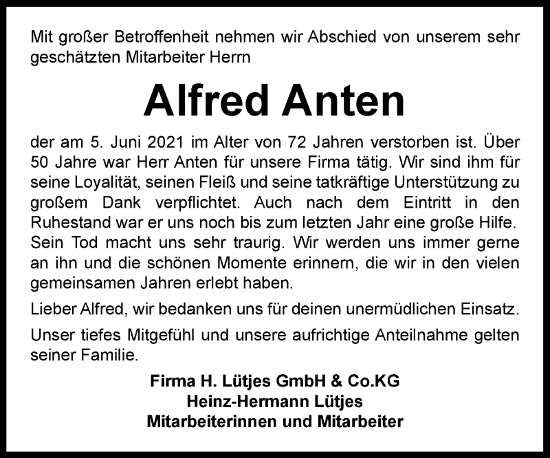  Traueranzeige für Alfred Anten vom 08.06.2021 aus Nordwest-Zeitung