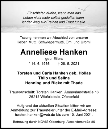 Traueranzeige von Anneliese Hanken von Nordwest-Zeitung