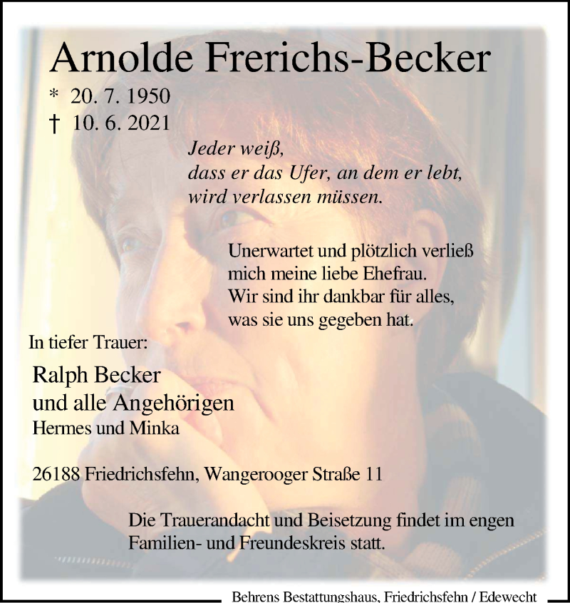  Traueranzeige für Arnolde Frerichs-Becker vom 16.06.2021 aus Nordwest-Zeitung