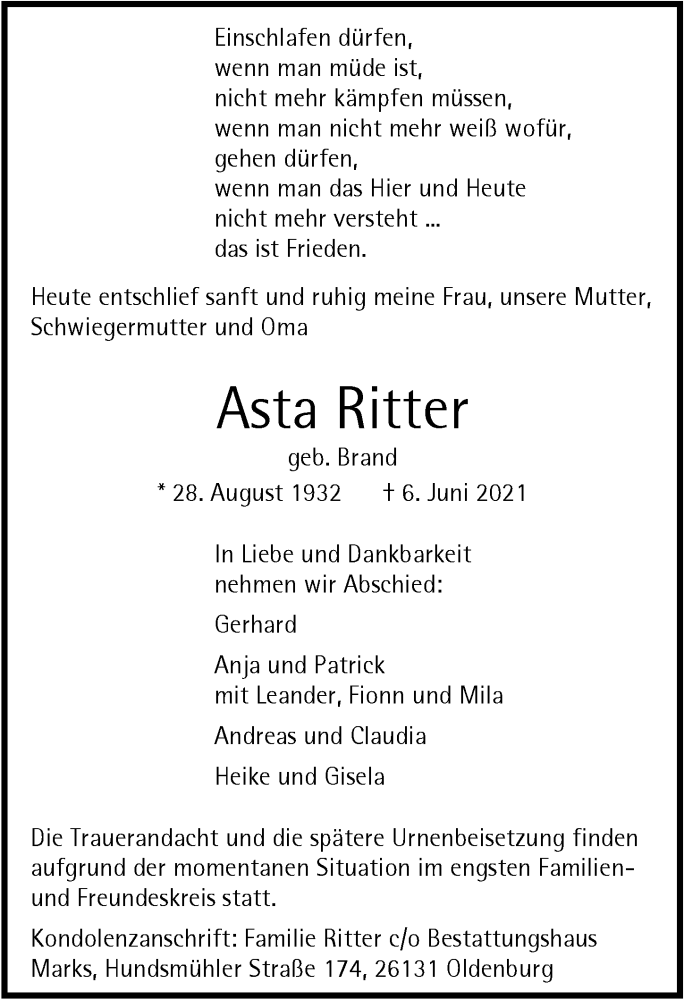  Traueranzeige für Asta Ritter vom 12.06.2021 aus Nordwest-Zeitung