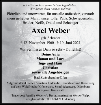 Traueranzeige von Axel Weber von Nordwest-Zeitung